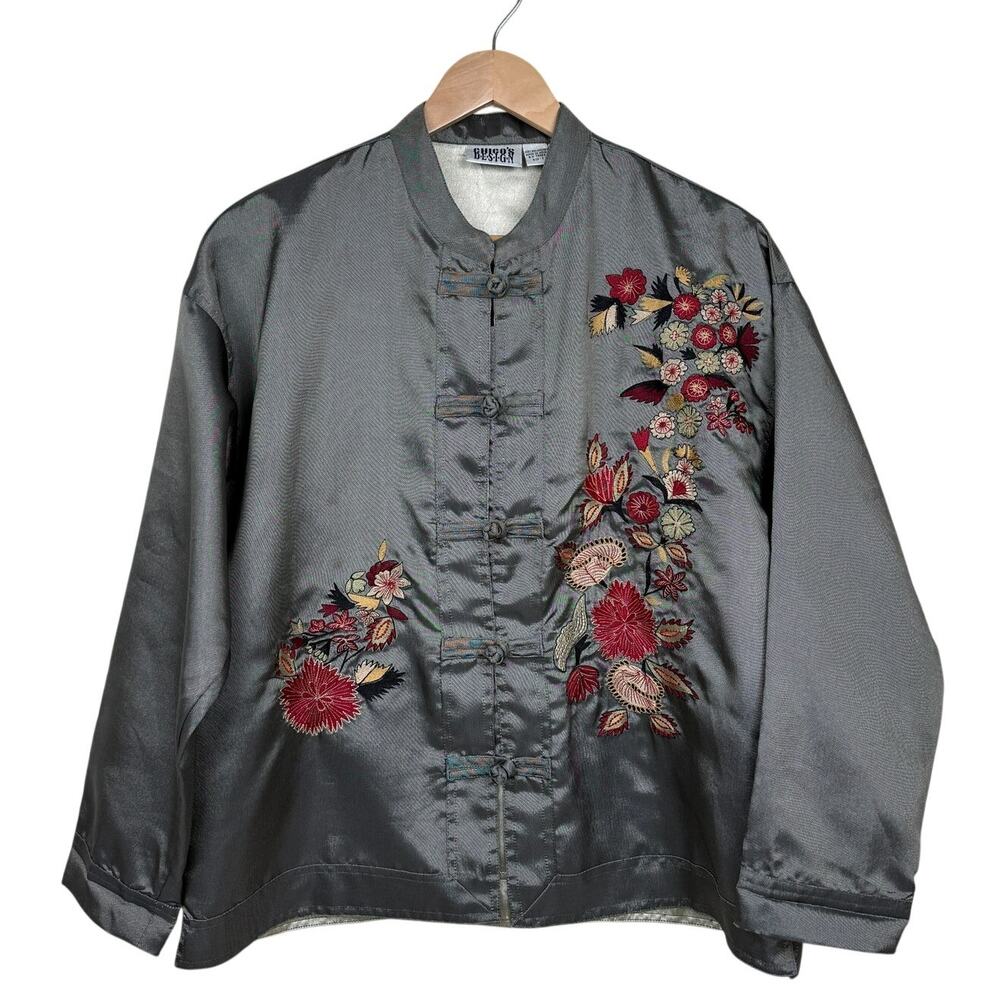 Vintage Chico's Design Embroidered Asian Inspired Jacket Gray Mandarin Collar M